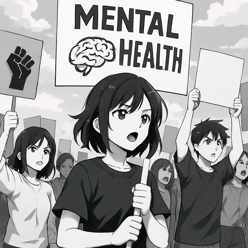 An anime-style illustration of a young woman holding a sign that reads 'MENTAL HEALTH' as people around her hold signs of ...