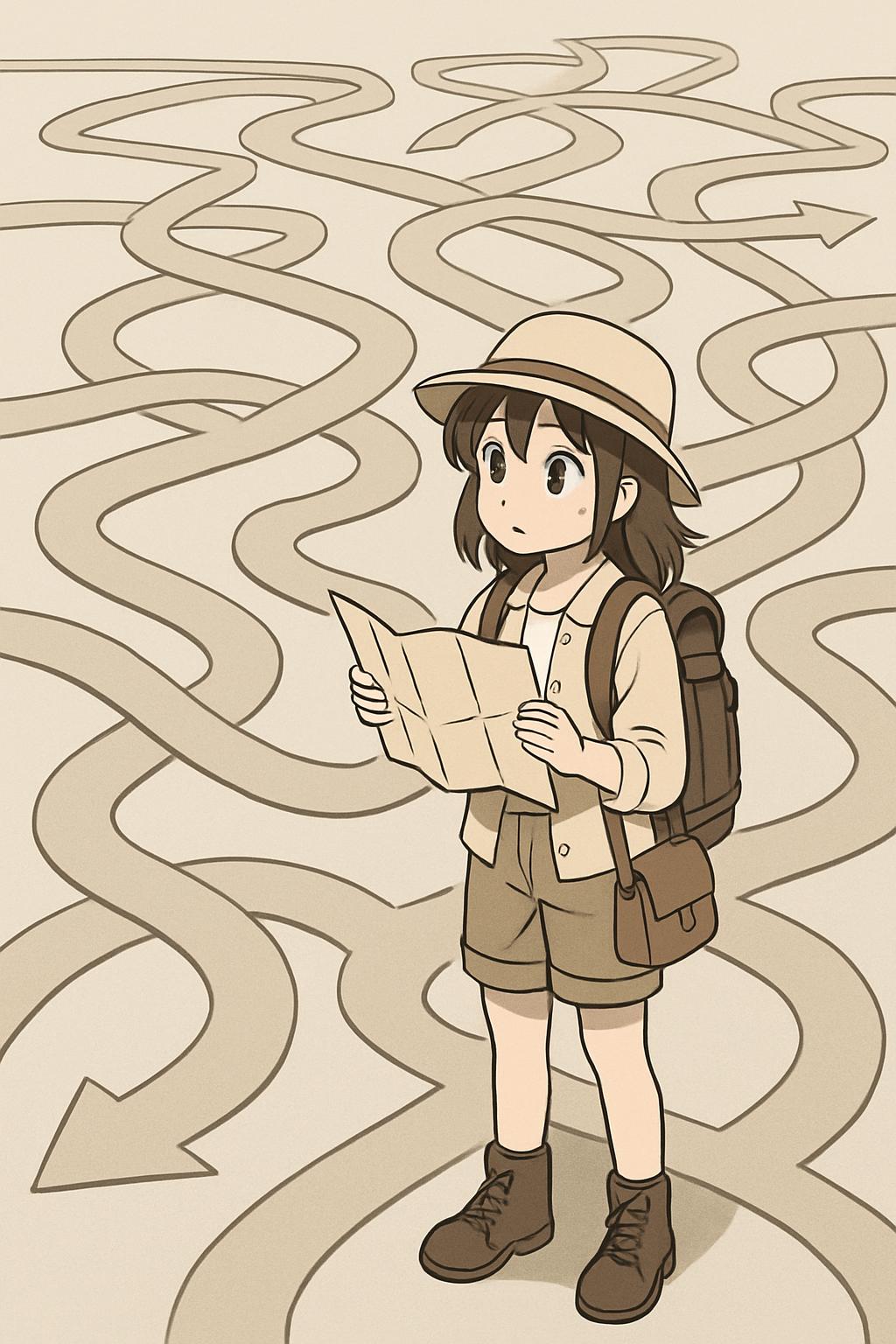 A young girl in a safari outfit explores a jungle maze with a map in her hands, surrounded by twisting arrows.